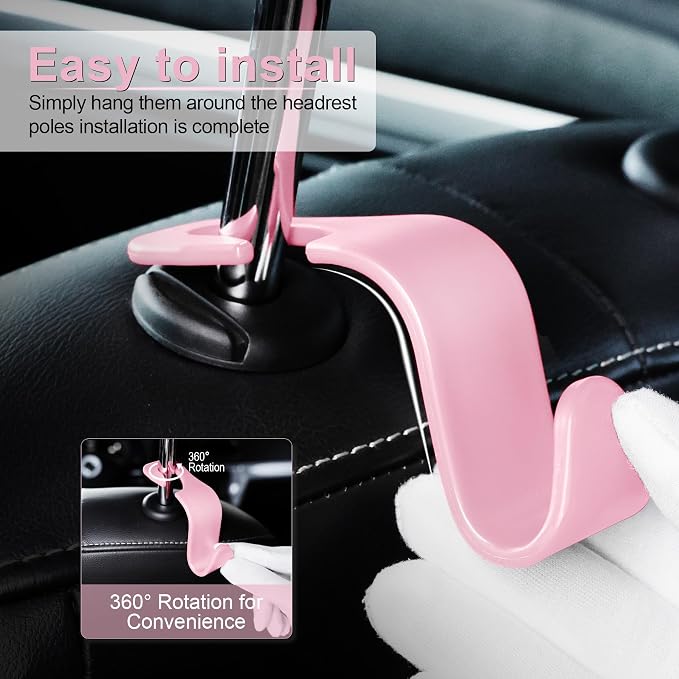 LivTee Car Seat Headrest Hook, Auto Seat Hook Hangers Storage Organizer Interior Accessories for Purse Coats Umbrellas Grocery Bags Handbag, 4-Pack - Pink - Image 4