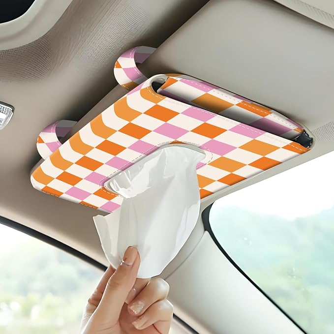 Car Tissue Holder, Cute Sun Visor Napkin Holder Backseat Tissue Case, PU Leather Tissue Box, Funny Car Accessories for Women Men Colorful Funny Plaid - Image 6