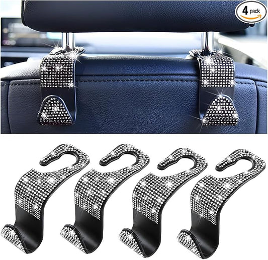 Mandark 4PCS Rhinestone Headrest Hooks for Bags and Umbrellas, White | ABS construction with rhinestones, half-open installation, holds bags and umbrellas, fits many seat posts by Unknown