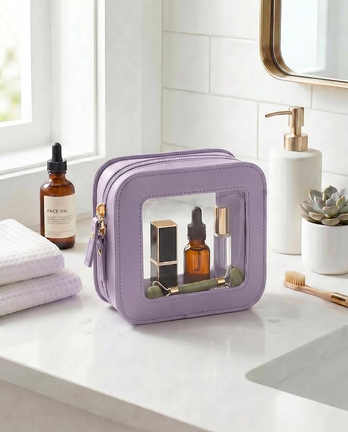 Mini Clear Makeup Bag - Cute Square Cosmetic Pouch for Travel Essentials with Zipper - For Women & Girls (Square, Purple) - Image 2