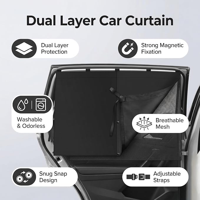 2Pack Car Side Window Curtain Sun Shade,Car Window Shade,Double Layer Sun Shade with Strong Magnets,Universal Sunshade for Cars SUV Trucks(Black-mesh,2PC) - Image 3