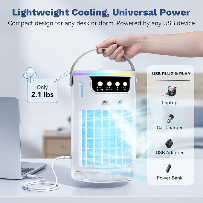 Portable Air Conditioners, Personal Evaporative Air Cooler 1200ML with Ice Cooling Mist Fans That Blow Cold Air Like AC Mini AC Unit for Bedroom, Home Office Desk and Car RV (White) - Image 7