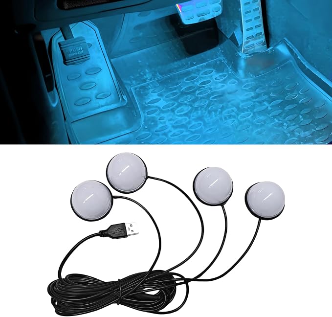 Car Interior LED Lights, 5V 3W Bright Ambient Light Vehicle Under Dash Neon Lamp with USB Port, 4 in 1 Atmosphere Lights Interior Decorative Lamps for Most Vehicles (Ice Blue) by XJVSS