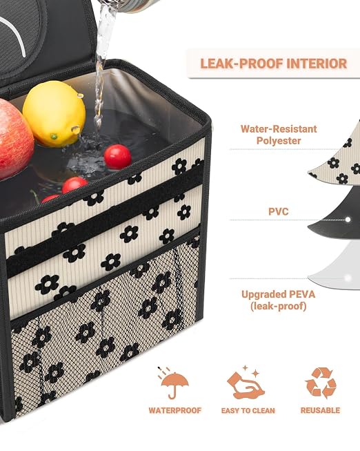 Capolo Car Trash Can with Lid, Leakproof Car Garbage Can Car Trash Bag | Waterproof, Trash Can for Car, 3 Mesh Pockets, Mini Hanging Vehicle Car Trash Bin, for Back/Front Seat (Black Flower,2.5 Gal) - Image 4