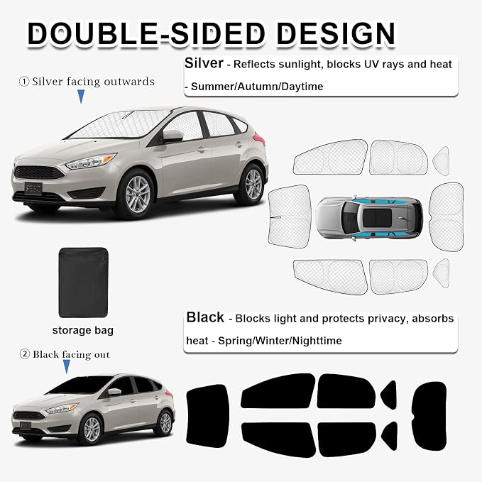 KMF 8pcs Thicken Sun Shade for Ford Focus Hatchback 2014-2018 Accessories, Custom Fit Full Car Window Covers Sunshade for Windshield Side, UV Block and Privacy Blackout for Camping Outdoor - Image 4