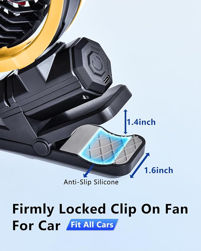 Battery Powered Fan for Car Visor Back Seat Roof Handle (Yellow) | 2000mAh Rechargeable Clip On Fan for Car SUV Van RV Pickup Truck Camping Desk Bed Stroller Baby Crib, Quiet, 360 Rotation - Image 5