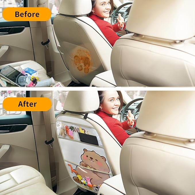 kids Leather Car Backseat Organizer with Foldable Table Tray, Car Storage Organizer with Tablet Holder, Car Seat Back Protectors Kick Mats, Travel Accessories (Beaver) - Image 7