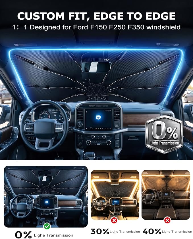 DMJN Umbrella Windshield Sun Shade for Ford F150 F250 F350 F450 (2015-2026), Car Sunshade for Front Windshield [Nano Ice-Crystal Coatings] UPF50+ Heat & UV Block, Protect Interior & Keep Cooler - Image 4