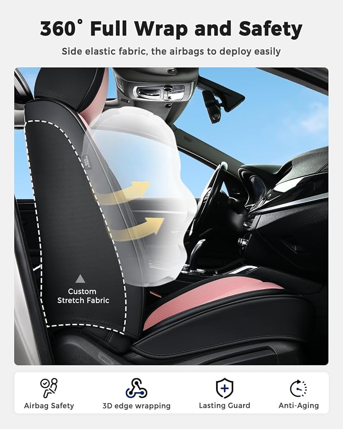 Huidasource Full Set Car Seat Covers, Premium Waterproof Faux Leather, Universal Fit for Most Cars, SUVs & Trucks, Airbag Safe, Quick to Install, Black & Pink - Image 4
