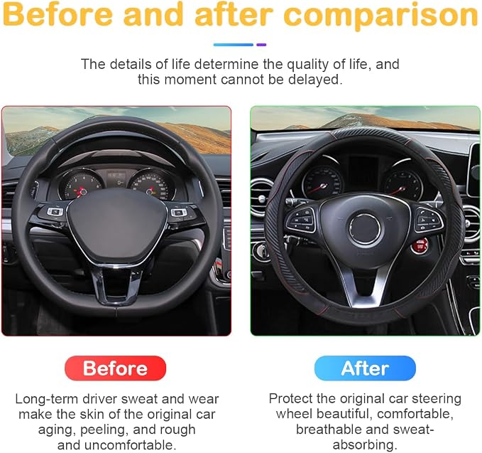 Osilly 15 Inch Carbon Fiber PU Leather Steering Wheel Cover, Black | full-wrap protective surface, flexible ringless design, hand-stretch setup, fits matching rim sizes, automotive accessories - Image 5