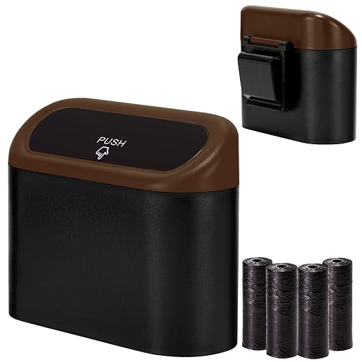 Ginsco Mini Car Trash Can with Lid, Small Car Garbage Can, Cute Leakproof ABS Car Trash Bin, Car Accessories for Interior, Garbage Bin for Car, Home, Office with 60pcs Trash Bags Black/Brown by Ginsco