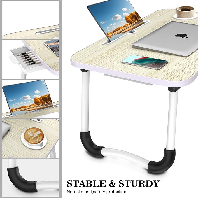 Fayquaze Portable Foldable Laptop Bed Desk with Storage Drawer and Cup Holder - Lap Desk Laptop Stand Tray Table for Eating, Reading and Working - Image 3