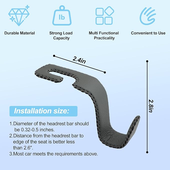 Car Headrest Hooks, Universal Car Seat Back Organizer Hanger, Premium Leather & Metal Construction, Multipurpose for Handbag, Purse, Coat, Ergonomic Design, 4 Pack Gray - Image 5