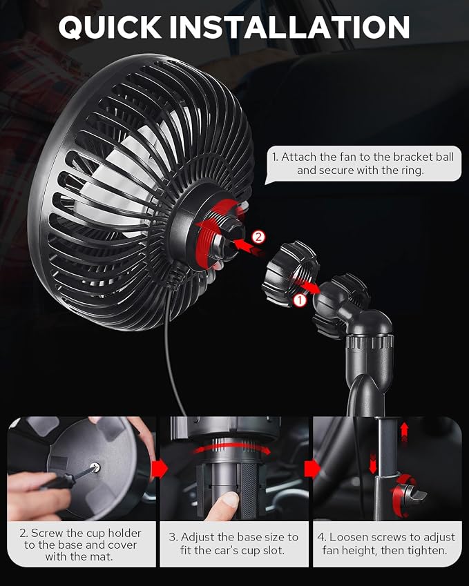 Benlari USB Car Fan with Cup Holder - Upgraded 2 in 1 Cup Fan Holder with 3 Powerful Speed Cooling Wind - Adjustable Extended Bracket Cup Holder for Vehicle Van Truck SUV RV - Image 6