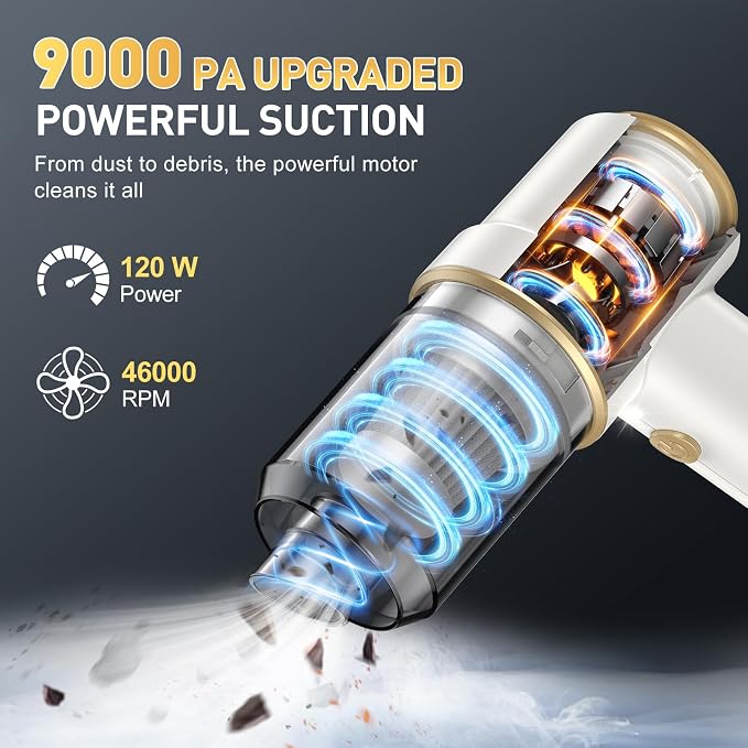 KMM Handheld Car Vacuum Cleaner, 9000PA Hand Held Vacuum & Air Duster | Strong Suction, 120W High Power, Portable, Cordless, Multi-Nozzles & LED Light, for Home, Car, Office - Image 2