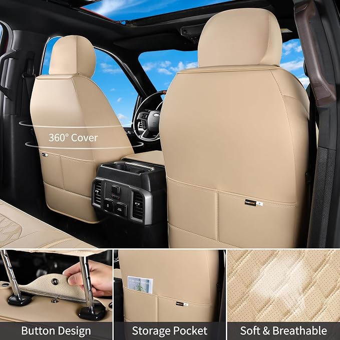 Huidasource F150 F250 F350 Front&Rear Leather Seat Covers Fit for 2015-2026 Ford F150 SuperCrew & 2017-2026 F250 F350 F450 Super Duty Crew Cab XL XLT Lariat King Ranch Platinum(Full Set/Beige) - Image 5