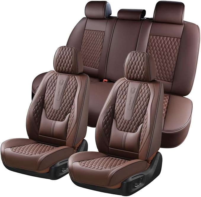 Coverado Car Seat Covers Full Set, 5 Seat Leather Seat Covers for Cars, Car Seat Protector with Lumbar Support, Waterproof Seat Covers Universal Fit for Most Cars SUV Trucks (Coffee) by COVERADOAUTO