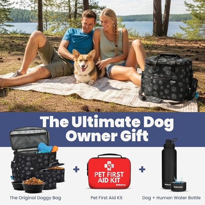 Rubyloo Original Doggy Bag™ Dog Travel Bag for Supplies with Travel Bowls | 2 BPA-Free Collapsible Bowls, 2 Pet Food Containers, TSA-Ready, Road Trips, Camping, Weekend Getaways, Doggy Gift, Paw Print - Image 7