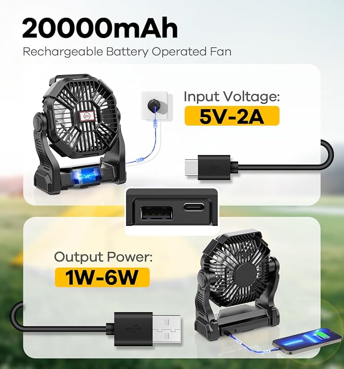 DOWILLDO 30000mAh Portable Battery Powered Camping Fan - with LED Light, Quiet Battery Operated, Camping Gear for Travel, Tent, Beach, Car or Hurricane Power Outages, Black - Image 2