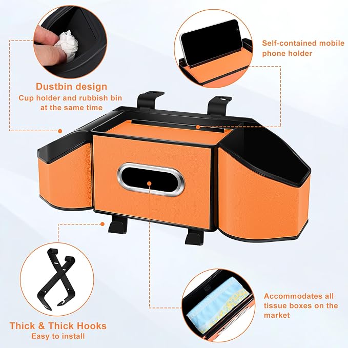 7-In-1 Car Seat Back Organizer with Cup Holders, Tissue Box, Garbage Can&Hooks, Multifunctional Headrest Storage Organizer, Headrest Cup Holder for Backseat, Car Accessories for Trips, Travels(Orange) - Image 3