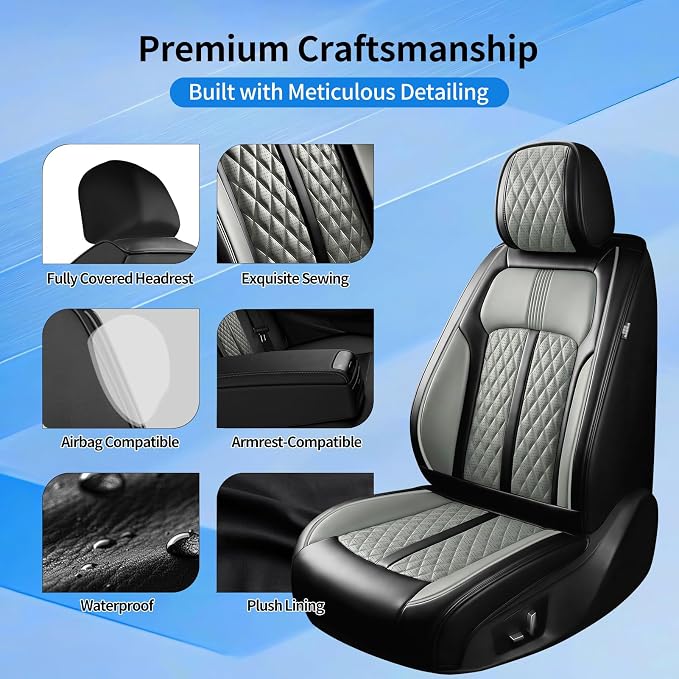 Fit Veracruz Seat Covers Fit for Hyundai Veracruz 2007-2015, Front Pair | Premium Leather Full Coverage Protectors, Waterproof, Breathable, Scratch Resistant, Easy Wipe, Airbag Compatible, Black+Gray - Image 7