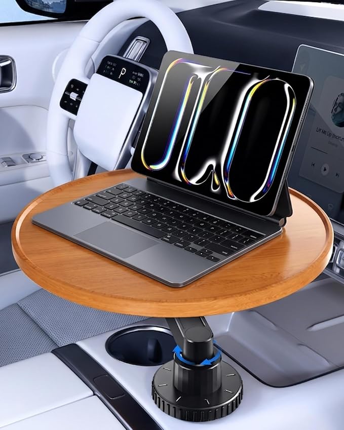 Tesla Model 3 Y Wood Car Cup Holder Tray Table for iPad Laptop Food | Detachable 360 Rotating Car Desk for Working & Eating, Tesla Model 3 Y Accessories 2026 2025 2024 Car Essentials by xuenair