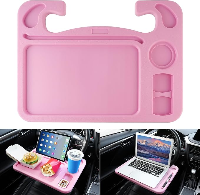 JUSTTOP 4 in 1 Car Steering Wheel Desk for Laptop,Versatile Upgraded Car Seat Tray,Spacious Steering Wheel Table with Tablet Holder and Dual Sauce Racks,Steering Wheel Under Table Console (Large+Pink) by JUSTTOP