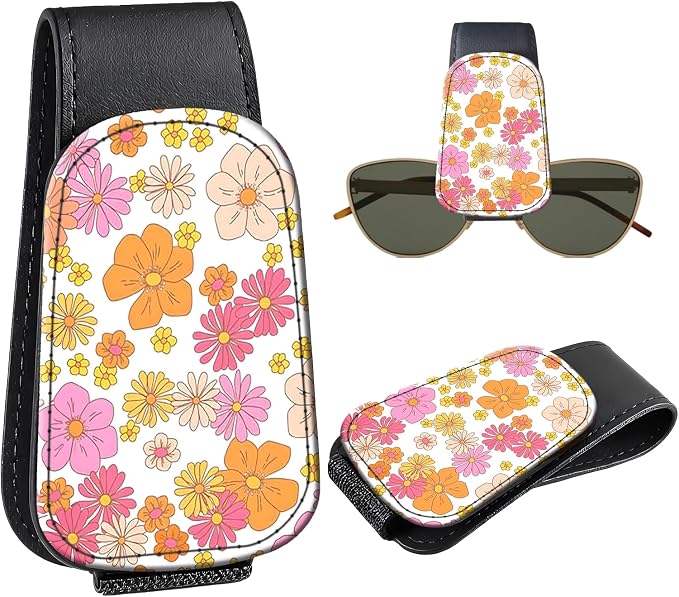 Leather Magnetic Sunglass Holder for Car Sun Visor, Cute Eyeglass Ticket Card Hanger Clip, Universal Auto Interior Accessories for SUV Pickup Truck, Cute Flower by Unknown