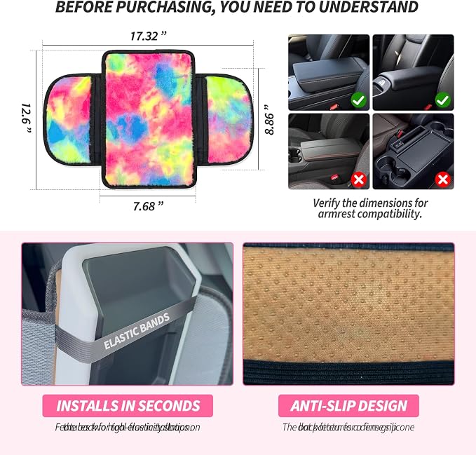 Plush Fuzzy Fur Car Armrest Cover with Side Pockets,Tie Dye | Fluffy Armrest Cushion Pad,Soft Center Console Cover,Car Interior Storage Accessories ,for Most Car Decoration Protector - Image 7