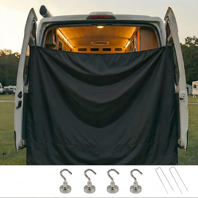 7x6 ft Van Privacy Curtain in Cab, Rear Door Shower Curtain | with 4 Pack Magnetic and 2 Pack Ground Stakes Hooks Adjustable Camping Curtain Changing Car Cover for Truck Travelling by Unknown