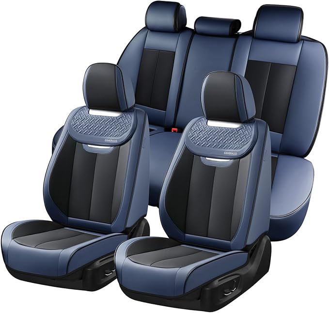 Coverado Front and Back Seat Covers for Cars, Nappa Leather Car Seat Covers Full Set, Waterproof Carseat Protector Seat Cushion, Luxury Automotive Seat Covers Universal Fit for Most Cars(Blue&Black) by COVERADOAUTO