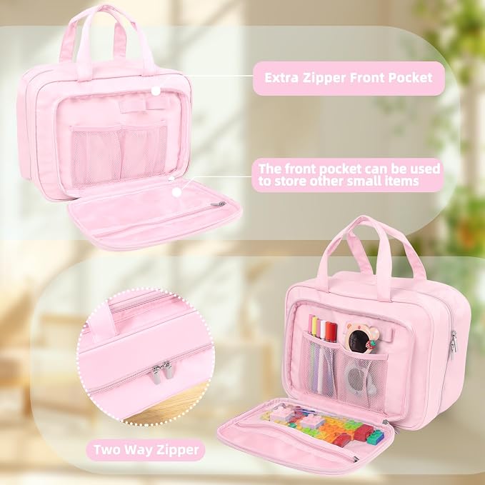 Kids Travel Organizer, Portable Storage Bag for Toys, Snacks, & Activities, Travel Waterproof Organizer Bags with Hook & Carry Handle, Multi-Compartment (Pink) - Image 6