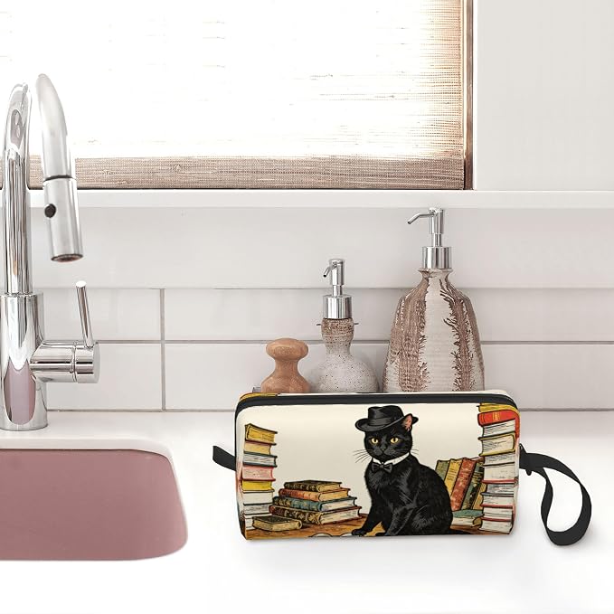 Sophisticated Black Cat Makeup Bag for Women with Wrist Strap | Durable 600D Oxford Fabric Cosmetic Organizer,Compact Travel Pouch with Handle for Gym & Daily Use - Image 7