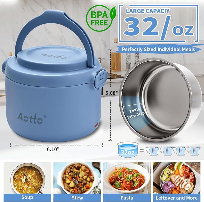 Electric Lunch Box, 32 oz Portable Food Warmer Heater, Lunch Warmer Portable for Work/Office/Car/Travel 12V/24V/110V 3-in-1, Warming Soup & Meal, Spill-Free, Men & Women's Gifts, Blue - Image 3