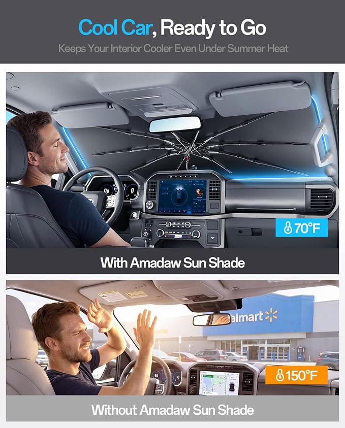 Windshield Sun Shade for GMC Terrain/Kia Seltos/Benz E300 2000-2026, Foldable Umbrella Sunshade with 100% UV Block, Multi-Layer Heat Insulation, Keeps Car Cooler, Summer Car Accessory - Image 2