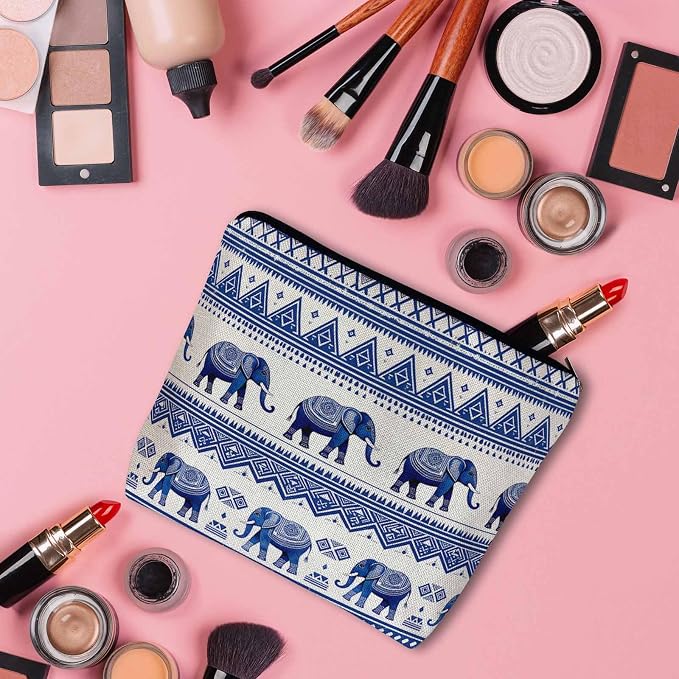 Elephant Cosmetic Bags For Women, Ethnic Geometric Elephant Roomy Makeup Bag Toiletry Bag Accessories Organizer Storage Bags Makeup Pouch For Travel Business Gym Camping Bathroom, Blue - Image 3