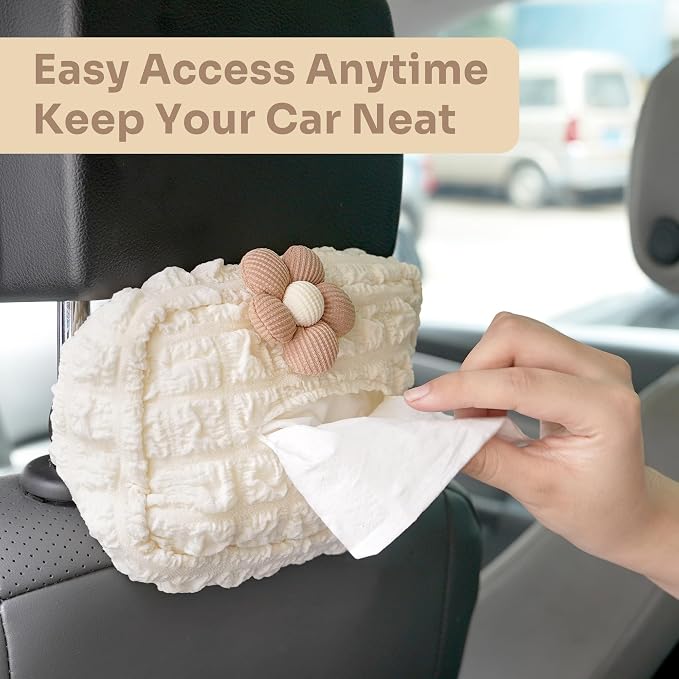 Lace Car Tissue Holder, Cute Flower Napkin Dispenser for Visor & Backseat, Hanging Soft Paper Storage Bag, Aesthetic Car Interior Accessories for Women (Cream White) - Image 6