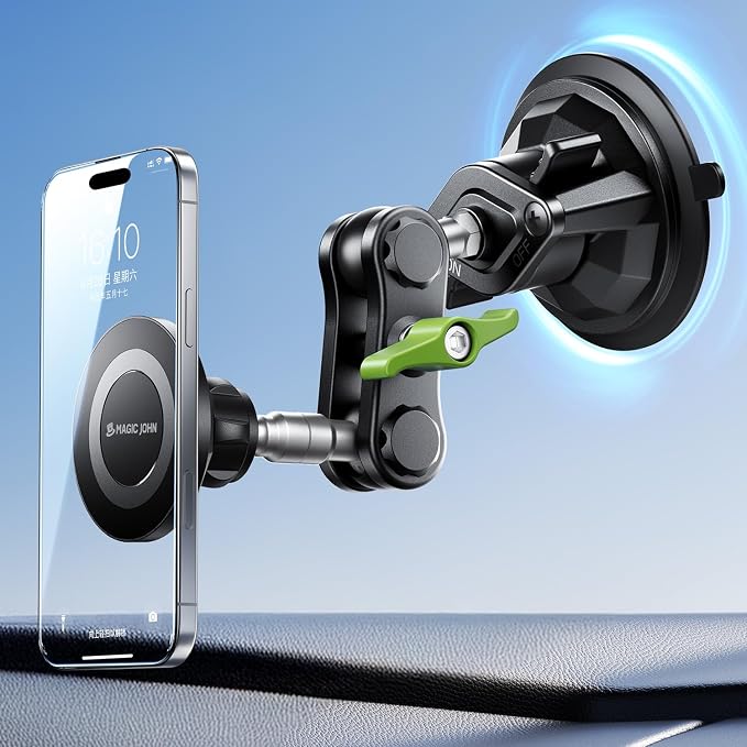 MAGIC JOHN Magnetic Car Phone Holder, Windshield Metal Suction Cup Mount | 360 Degree Rotatable, Strong Suction & Magnetic Force, Solid Metal Frame, Easy Installation by MAGICJOHN