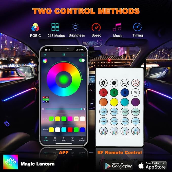 Jushope Interior Car LED Strip Lights, Acrylic LED Lights for Car with Dynamic Dreamcolor Chasing, Ambient Lighting Kits Music Sync Wireless APP and RF Remote Control (8 in 1) - Image 7