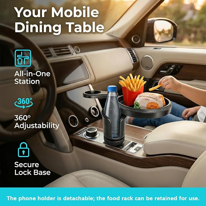 Car Cup Holder Tray, 4-in-1 Vehicle Drink Holder Expander Adapter with Phone Holder & Food Tray Table, Auto Center Console Cupholder Eating Table Organizer, Universal Fit (Carbon Fiber) - Image 4