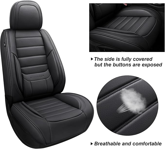 MINGBRON Black Car Seat Cover with Lumbar Support, Car Seat Protector Waterproof, Nappa Leather Car Seat Cushion, Car Seat Covers Front Seats and Back Fit for Most Cars - Image 4