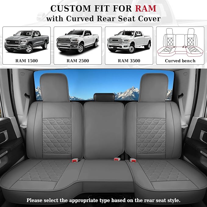 Coverado Dodge Ram Seat Cover Full Set, Waterproof Ram 1500 Seat Cover Compatible with 2002-2026 Dodge RAM 1500 2500 3500 Crew Quad Cab with Curved Bench, Dark Gray - Image 4