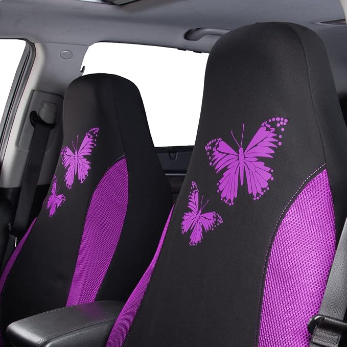 Flying Banner Butterfly car seat Covers ful Set Fashion Universal Lady Woman Female Rear Bench Split Colorized (2 Fronts, Purple) - Image 5