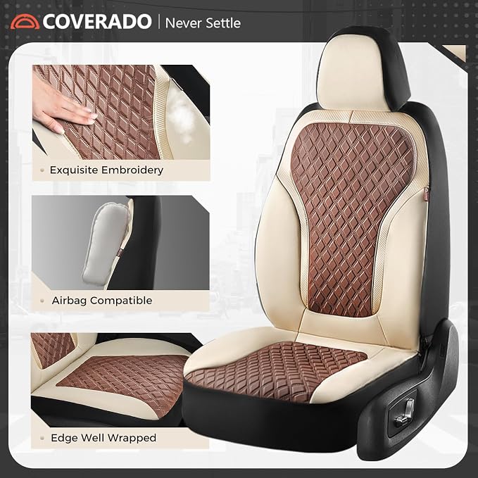 Coverado Car Seat Covers Full Set, Beige Brown Car Seat Covers, Luxury Diamond Leather Car Seat Cover with Carbon Fiber Weave, Spill-Proof Seat Cushions, Automotive Seat Cover Universal Fit Most Cars - Image 4