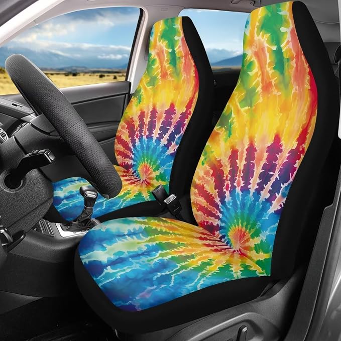 Car Seat Covers Full Set of 2, Colorful Tie Dye Cloth Seat for Auto Front Seats, Black Bucket Seat Covers for Cars Washable and Breathable Car Accessories for Sedan Truck SUV - Image 2