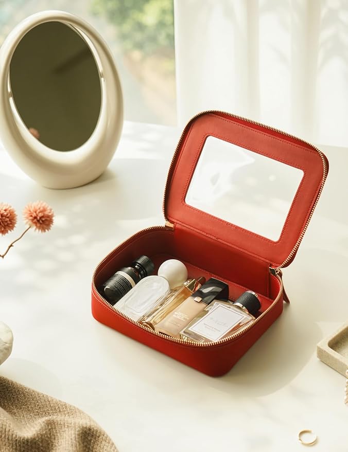Clear Toiletry Bag 2 Pack, Travel Makeup Bag Medium and Large Red | Structured Clear Cosmetic Case with Zipper, Car Essential Organizer Bag for Women, Waterproof PU Leather, Wide Open Portable - Image 7