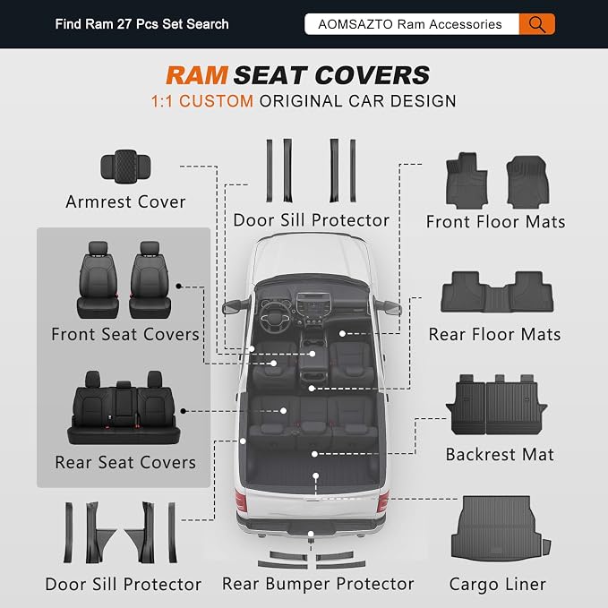 AOMSAZTO Custom Fit Seat Covers for Dodge RAM 1500 2019-2026 Crew Cab Truck | Black lattice Seat Covers, Pickup Truck, Premium Faux Leather, Perfect Fit, Breathable, Water Resistant, Airbag compatible - Image 9