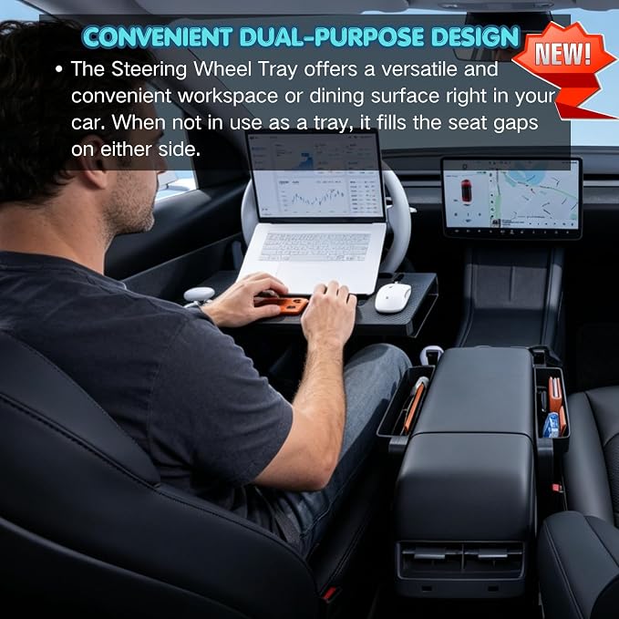2-in-1 Car Steering Wheel Desk & Seat Gap Organizer Filler Tray | Foldable Adjustable Height Car Desk for Laptop Computer Tablet, Eating - Portable Table for Car Workstation Truck SUV Tesla - Image 3