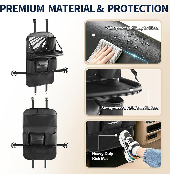 Backseat Car Organizer with Foldable Tray Table (2 Pack) | Premium PU Leather Seat Back Organizer with Tablet Holder, Large Pockets, Kick Mat for Family Travel and Daily Use - Image 5
