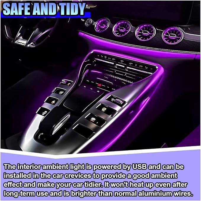 ZIMISI EL Wire Car Interior LED Strip Lights, Neon Light Strip (Purple) | 5V 16FT Car Ambient Lighting Decorations with Sewing Edge, USB Electroluminescent Car Interior Lights with Fuse Protection - Image 3